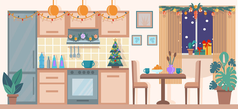 Christmas kitchen interior. Christmas decorations xmas tree, holiday decorations. Vector flat cartoon illustration