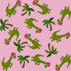 Print pattern with green lizard dinosaur and trees on pink background 