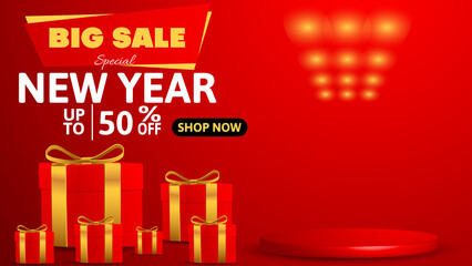 realistic big sale special new year banner or poster in red color with gift box and podium