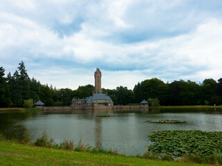 Panoramic view of the famous monumental hunting castle Jachthuis Sint-Hubertus in national park De Hoge Veluwe