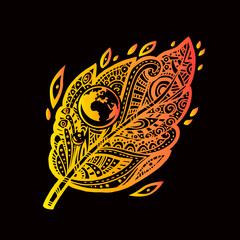 Vector illustration zentangl, the globe on plant leaf. Doodle drawing. Isolated on black.