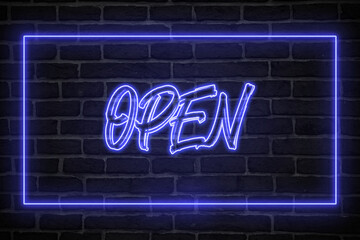 Obraz premium open neon sign. blue glow. neon text. Brick wall lit by neon lamps. Night lighting on the wall. Trendy Design. light banner, bright advertisement