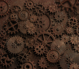 Old rustic gears and cogs clock mechanism. 3d illustration.