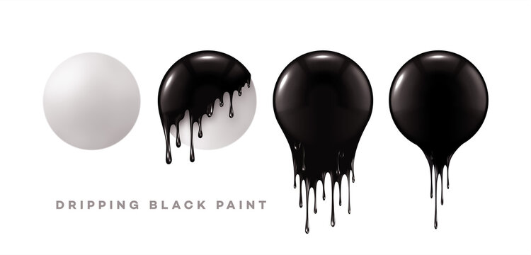 Set of 3d realistic spheres with black paint drips isolated on a white background. Dripping paint on white round shapes. Vector illustration