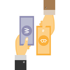 Businessman's Hand holding Banknote of Korea won exchange with Thai Baht. money swap, money exchange concept.