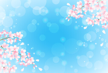 春の桜と青空とボケのベクターイラスト背景(光)