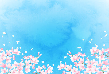 Fototapeta na wymiar 春の桜と青空の水彩のベクターイラスト背景