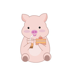 cute pig cartoon isolated on white background Vector illustration, cute pig eating cake and drinking.