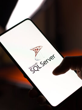 West Bangal, India - November 11, 2021 : Microsoft SQL Server logo on phone screen stock image.