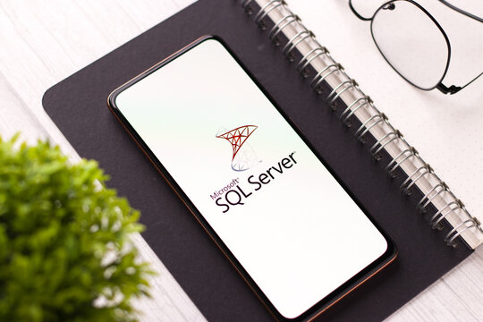 West Bangal, India - November 11, 2021 : Microsoft SQL Server logo on phone screen stock image.