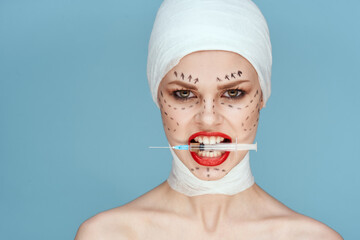 female patient Red lips plastic surgery operation bare shoulders isolated background