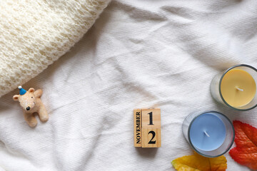 November 12th, Cube wooden calendar showing date on 12 November, Wooden calendar with date and...