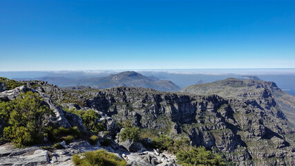 The top of Table Mountain in Cape Town against the blue sky. Fynbos grows among the picturesque cracked stones. Clouds in the distance. South Africa
