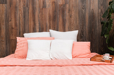 Softly pink blanket  on the bed in the bedroom