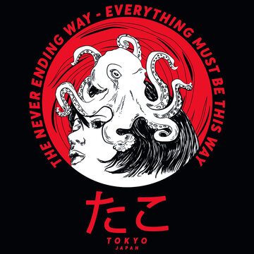 Hand draw face with octopus slogan Translation: "Octopus." Vector design for t-shirt graphics, banner, fashion prints, slogan tees, stickers, flyer, posters and other creative uses	
