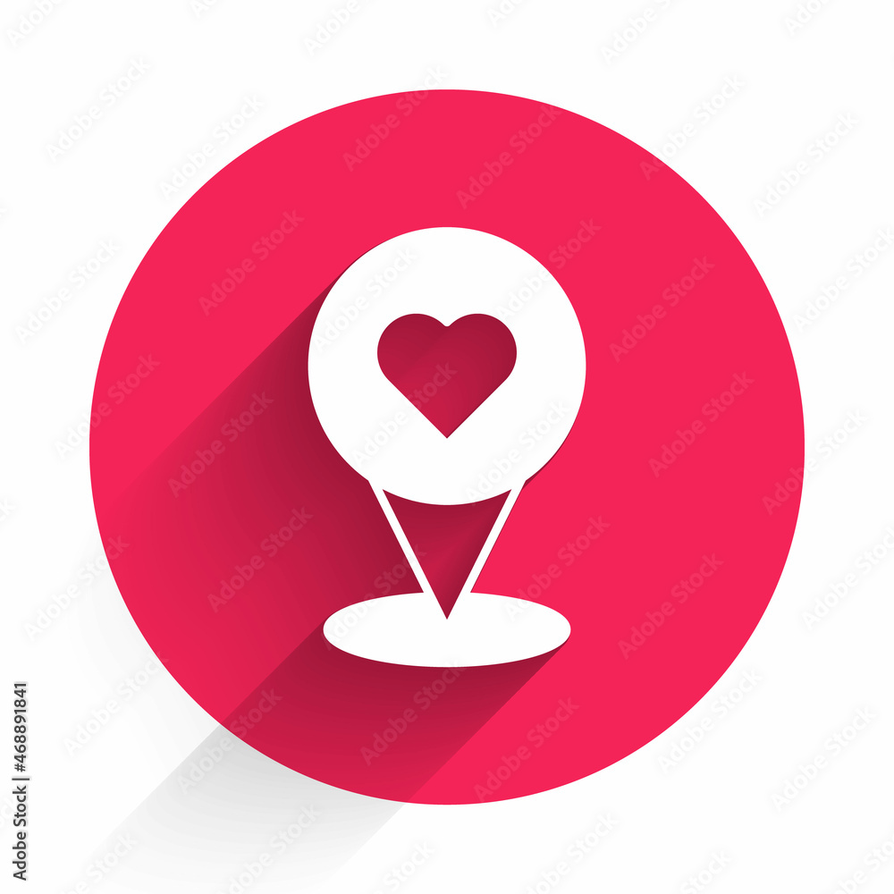 Poster white map pointer with heart icon isolated with long shadow. valentines day. love location. romantic