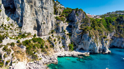Beautiful coastline in Marina Piccola, Capri. Aerial view from drone.