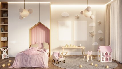 Cute nursery. Toy house and stroller, baby mockup poster. Interior Children's room. Girl's bedroom interior with a white wall, a house like bed, a cabinet and toys. 3d rendering children room interior