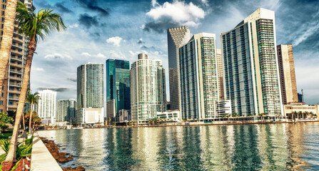 Downtown Miami skyline from Brickell Key on a beautiful sunny day, Florida