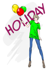 Beautiful girl with balloons. Holiday Vector illustration for a card, posterr, print on clothes. Fashion and style, clothes and accessories.