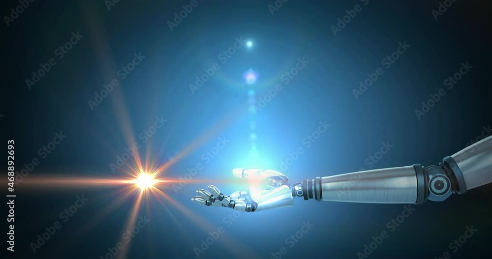 Poster animation of glowing lights over hand of extended robot arm on dark background