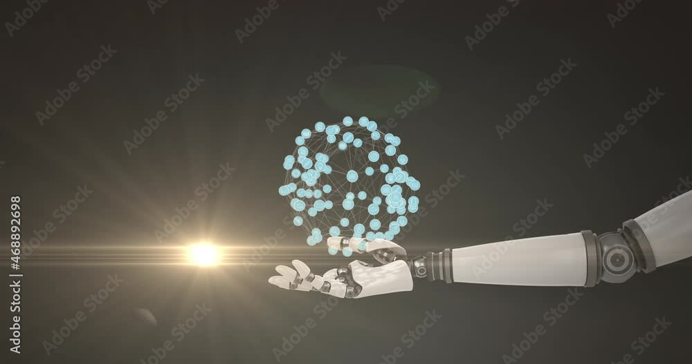 Poster animation of growing network over hand of extended robot arm, with moving light on dark background