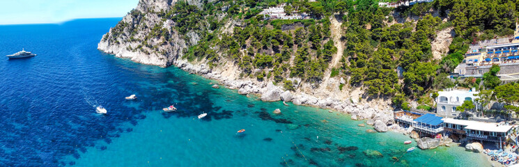 Fototapeta na wymiar Beautiful coastline in Marina Piccola, Capri. Aerial view from drone.
