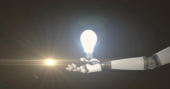 Animation of illuminated light bulb over hand of extended robot arm on dark background