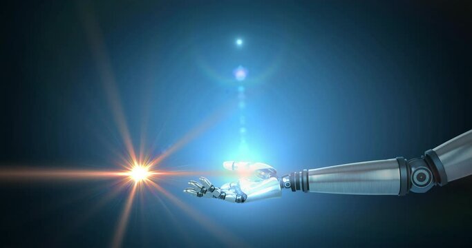 Animation of glowing lights over hand of extended robot arm on dark background