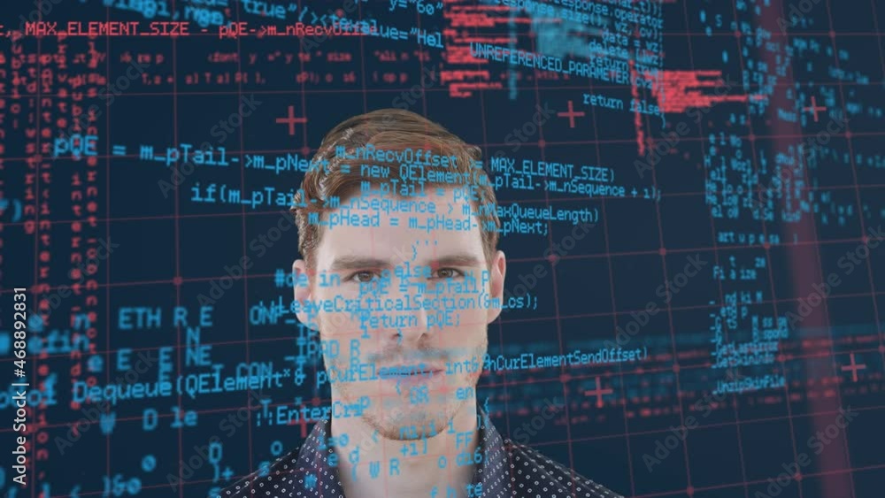 Poster animation of interface with grid and red and blue data processing over smiling caucasian man