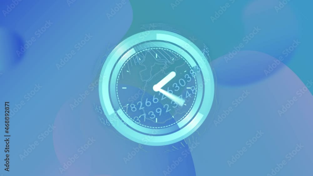 Poster animation of scanner with clock face and processing data on abstract blue background