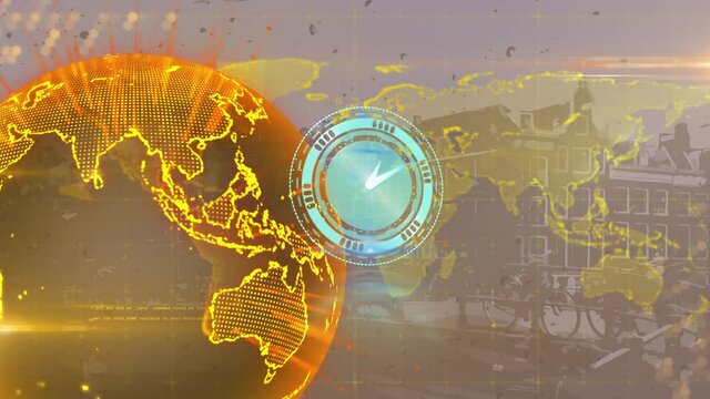 Animation of scanner with clock face over glowing yellow global network on vintage street scene