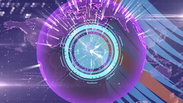Animation of scanner with clock face over glowing pink global network and night sky with panet