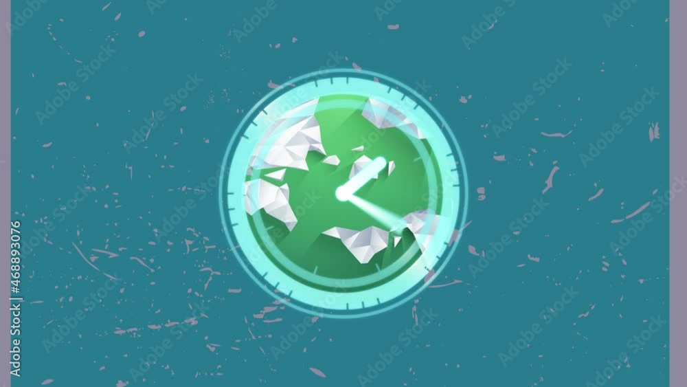 Poster animation of scanner with clock face processing over green globe on splattered green background