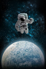 Astronaut in outer open space over the planet .Stars provide the background.erforming a space above...