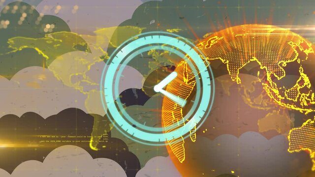 Animation of scanner with clock face over glowing yellow global network and data on cloud shapes