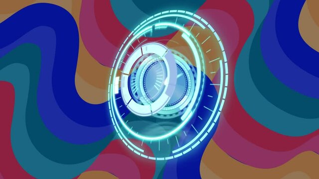 Animation of safe lock and scanner with clock face processing over colourful curved stripes