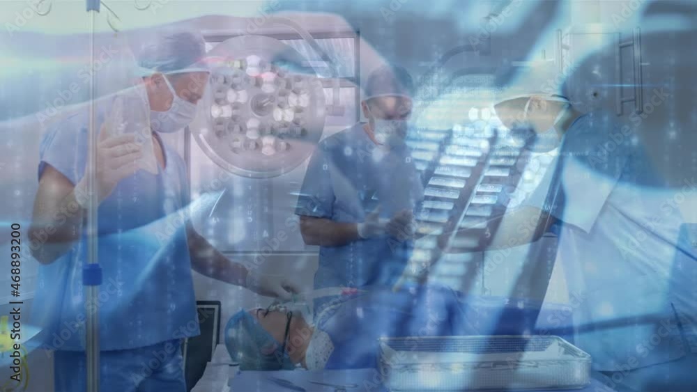 Poster animation of person typing on computer keyboard over surgeons in operating theatre