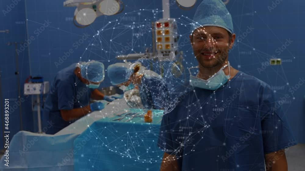 Poster animation of globe with network of connections over surgeons in operating theatre