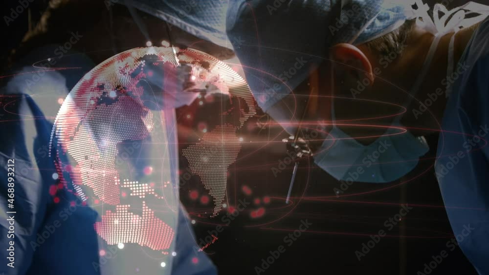 Poster animation of globe with network of connections over surgeons in operating theatre