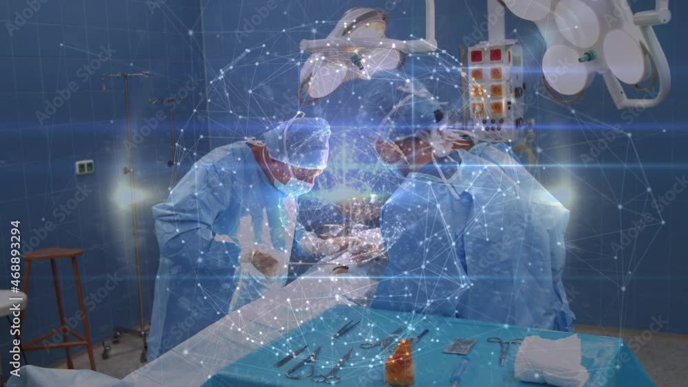 Poster animation of globe with network of connections over surgeons in operating theatre
