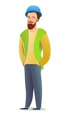 Man builder in vest and protective helmet. Guy worker. Cheerful person. Standing pose. Cartoon comic style flat design. Single character. Illustration isolated on white background. Vector