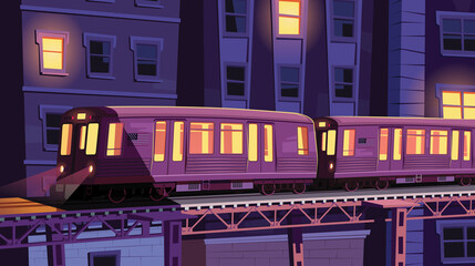 Fototapeta premium Metro train on Chicago street vintage cityscape night vector illustration