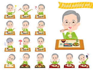食事に関する緑ジャージ高齢男性のセット
