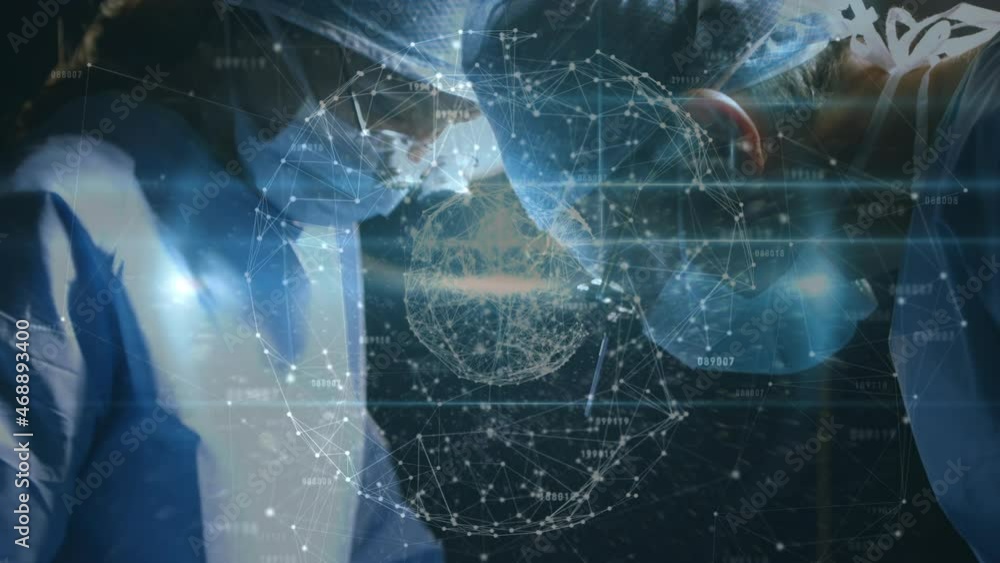 Poster animation of globe with network of connections over surgeons in operating theatre
