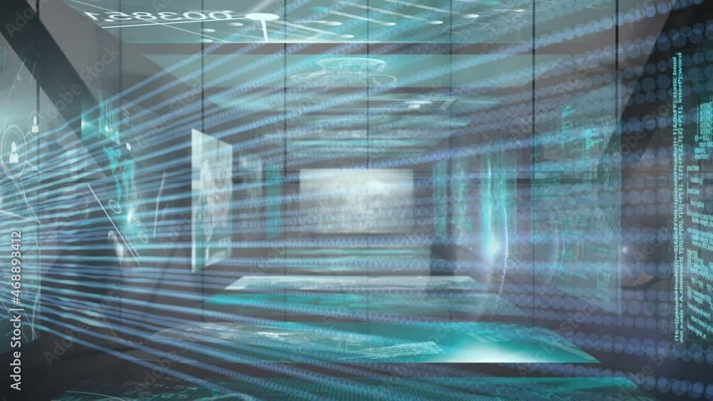 Poster animation of data processing on screens over pedestrians walking in fast motion