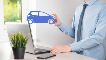 Digital composite of Man holding car icon.Car automobile insurance and car services concept. Businessman with offering gesture and icon of car