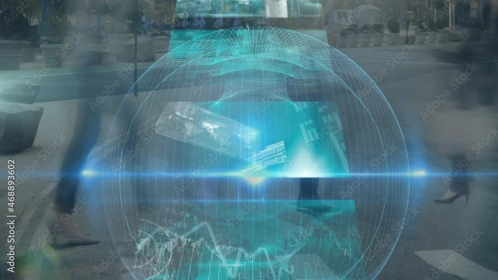 Poster animation of data processing on screens over pedestrians walking in fast motion
