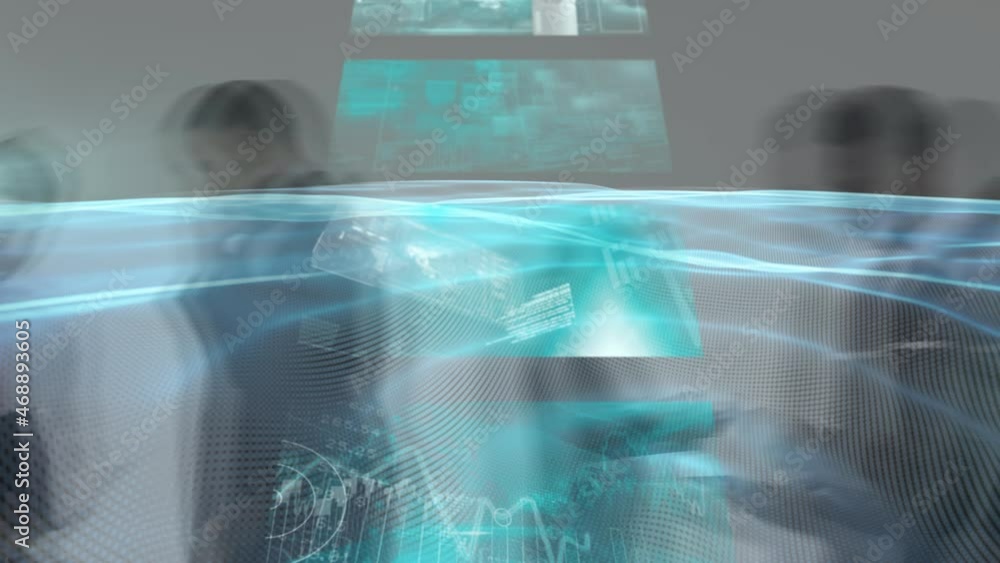 Poster animation of data processing on screens over pedestrians walking in fast motion
