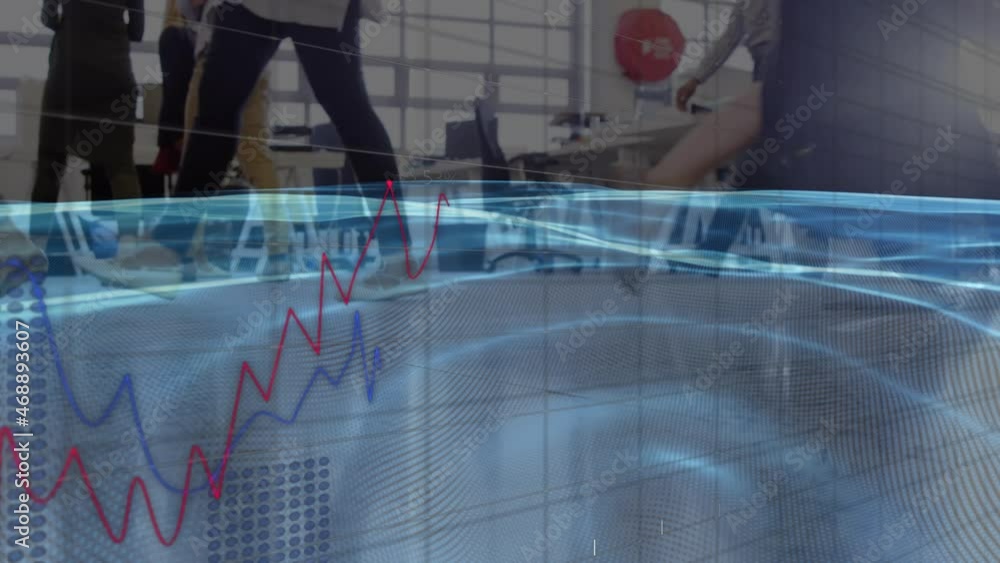Poster animation of financial data processing over people walking in slow motion